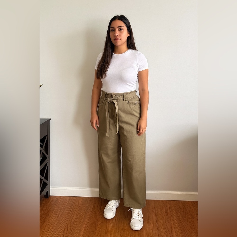 BLANKNYC High Waisted Relaxed Wide Leg Dress Pants Button Fly, Tie Olive Gree 28